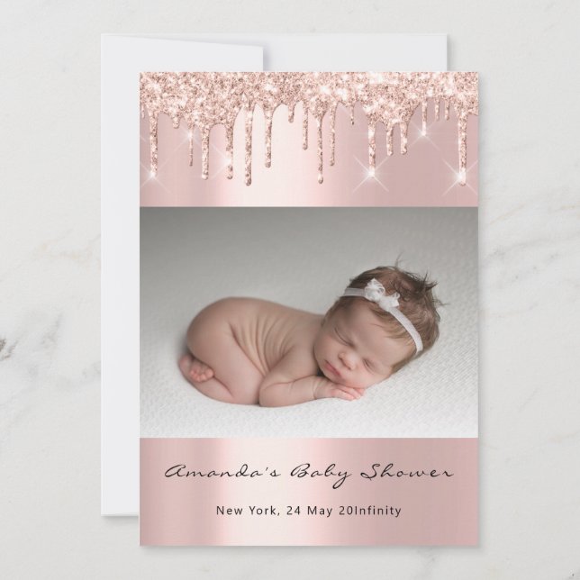 Babydusche Feet Glitzer Rosa Tropfen Foto Boy Girl Einladung (Rückseite)