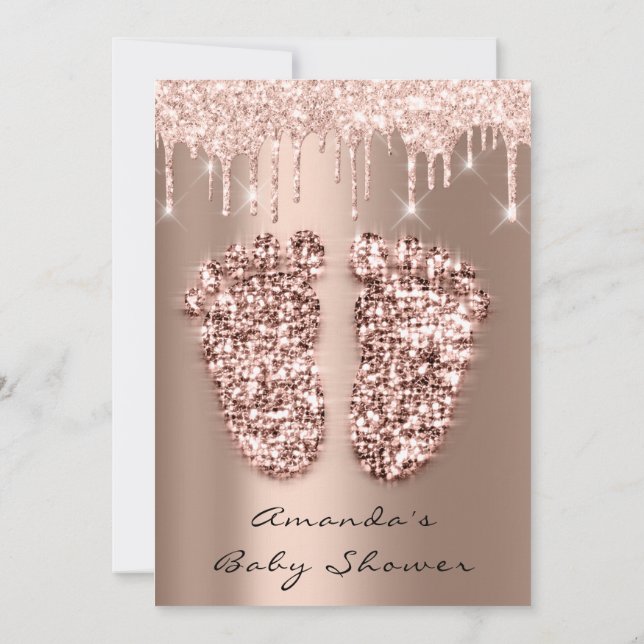 Babydusche Feet Glitzer Rose Blush Tropfen Boy Gir Einladung (Rückseite)