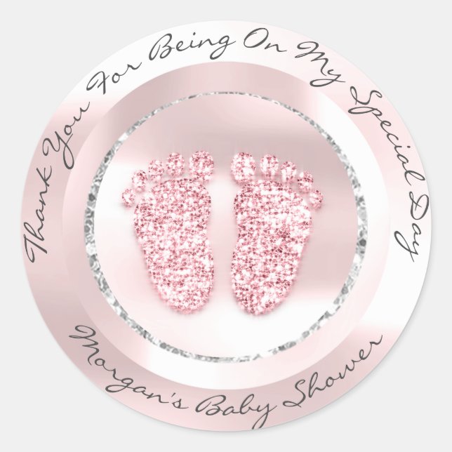 Babydusche Feet Mädchenname Dankeschön Rose Pink Runder Aufkleber (Vorderseite)