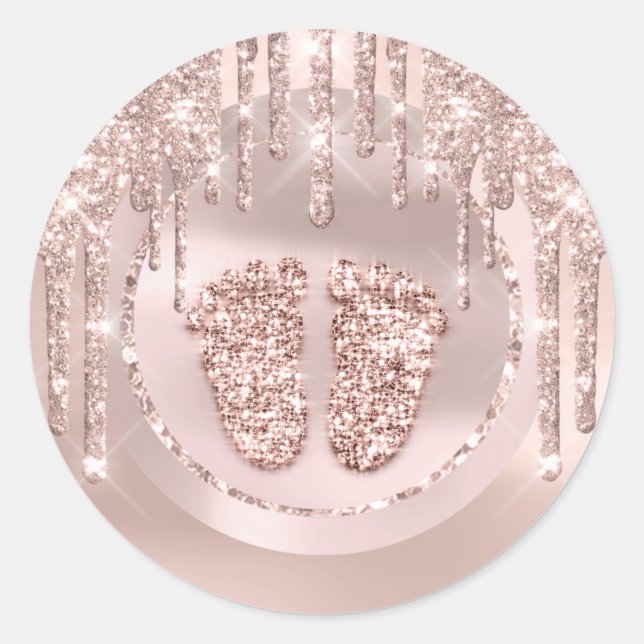 Babydusche Feet Pink Lux Tropfens Rose Glitzer Runder Aufkleber (Vorderseite)