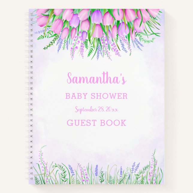 Babydusche Floral Lavender Pink Tulips Gästebuch Notizbuch (Vorderseite)