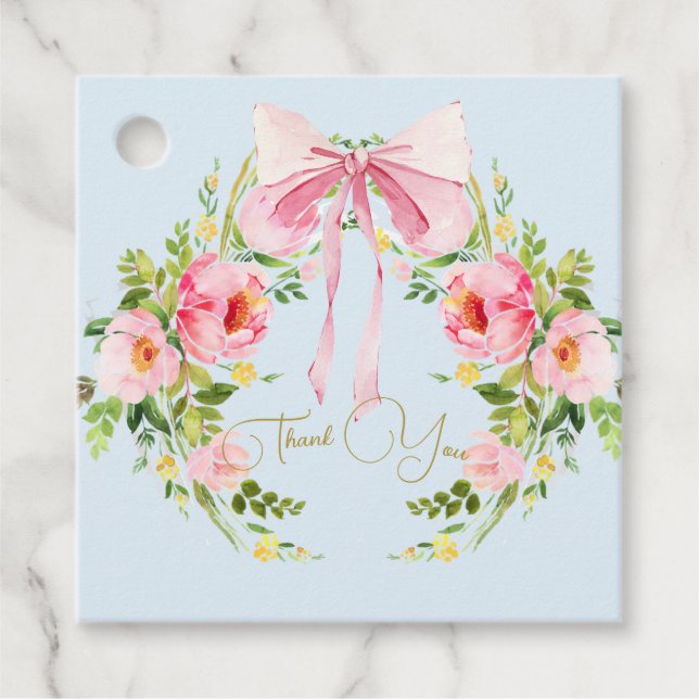 Babydusche Floral Wappen Regency Bow Pink Blau Geschenkanhänger (Vorderseite)