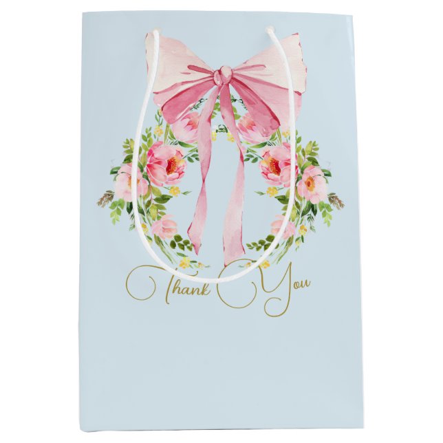 Babydusche Floral Wappen Regency Bow Pink Blau Mittlere Geschenktüte (Vorderseite)