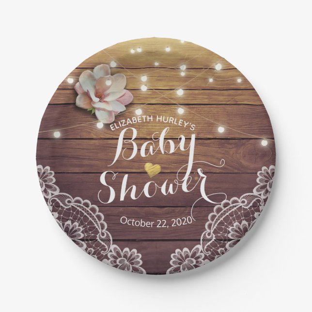 Babydusche florale Strudelleuchten Rustikale Holzs Pappteller (Vorderseite)