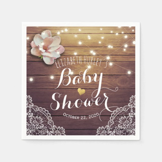 Babydusche florale Strudelleuchten Rustikale Holzs Serviette (Vorderseite)