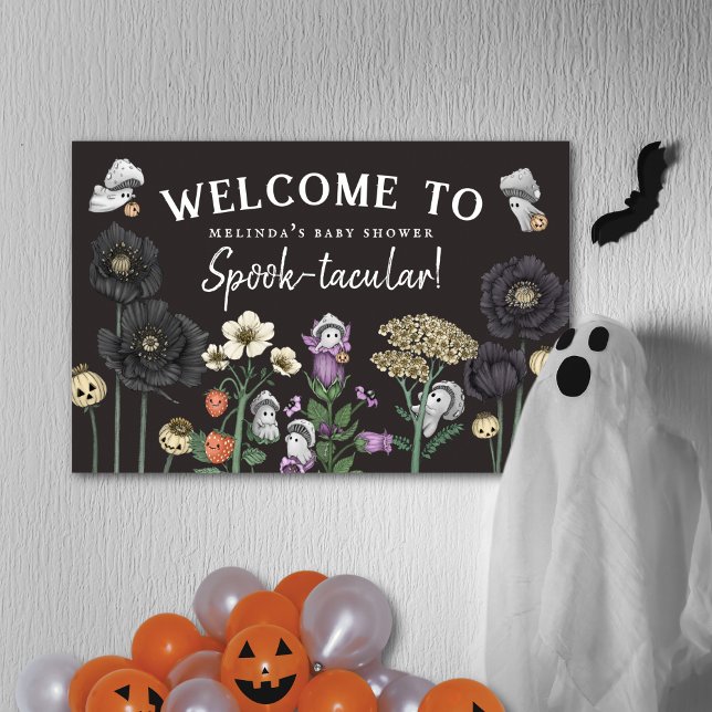Babydusche für Babywindeln - Herzlich willkommen Poster (Welcome to a spooky spectacular Halloween Baby Shower welcome sign with flowers and mushroom ghosts.)