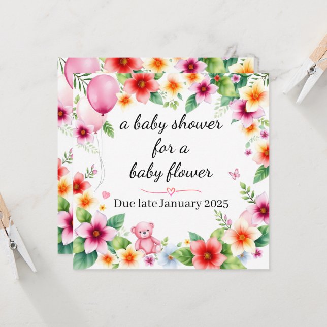 Babydusche für ein kleines Mädchen mit blühender W Einladung (Vorderseite/Rückseite Beispiel)
