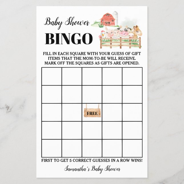 Babydusche für Landtiere Bingo-Spielkarte Flyer (Vorne)