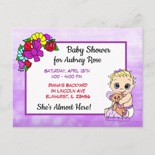Babydusche für Mädchen, Baby und Teddy Bear Lila Postkarte (Vorderseite)
