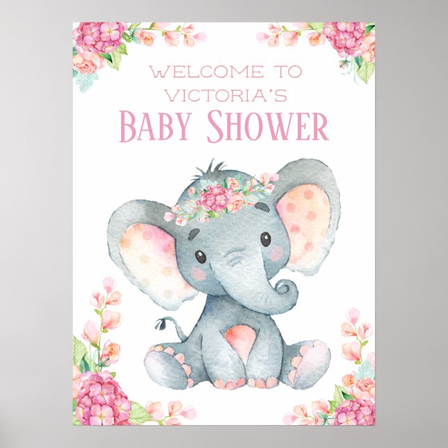 Babydusche für Mädchen Elephant Begrüßungstisch Poster (Vorne)