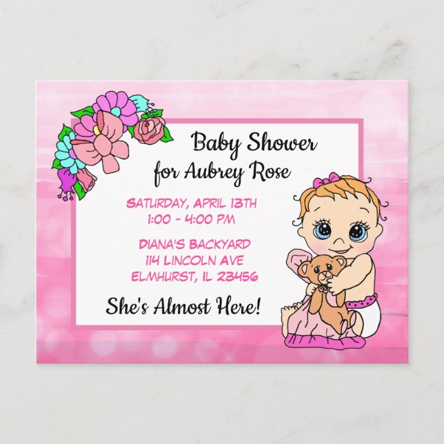 Babydusche für Mädchen, Pink Bow Baby Postkarte (Vorderseite)