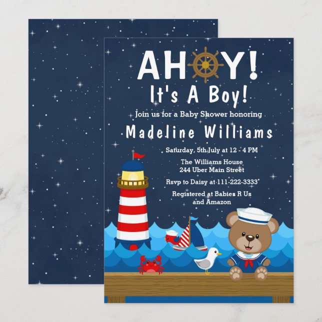 Babydusche für Nautic Boy Bear Red und Navy Einladung (Vorne/Hinten)