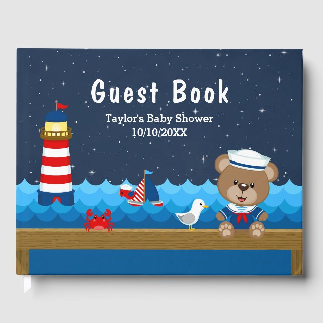 Babydusche für Nautic Boy Bear Red und Navy Gästebuch (Vorderseite)