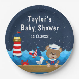 Babydusche für Nautic Boy Bear Red und Navy Pappteller
