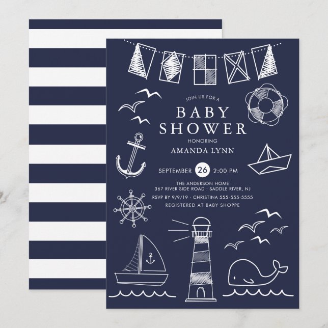 Babydusche für Nautical Sailboat Boy Einladung (Vorne/Hinten)