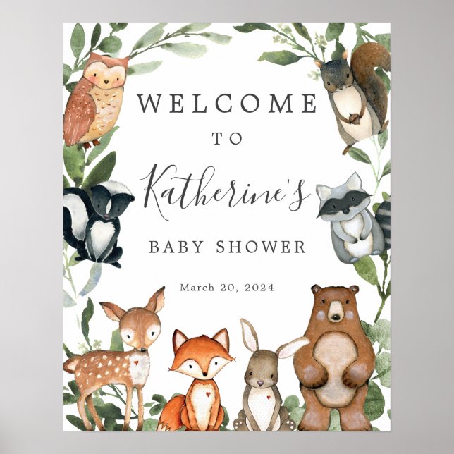 Babydusche für Woodland Tiere Begrüßungszeichen Poster (Vorne)
