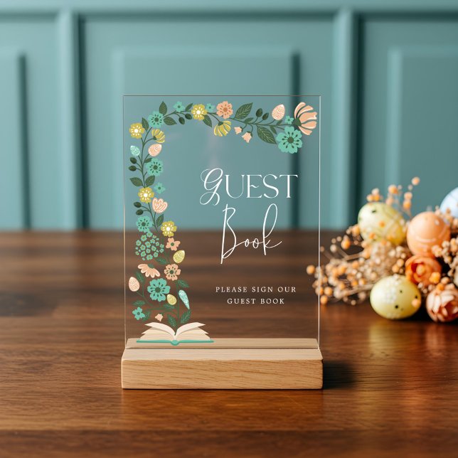 Babydusche Gästebuch Frühlingsflora Ostern Acrylschild (Baby Shower Guest Book Spring Floral Easter Acrylic Sign)