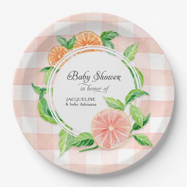 Babydusche Gingham Farm Pink Stripe Citrus Orange Pappteller (Vorderseite)