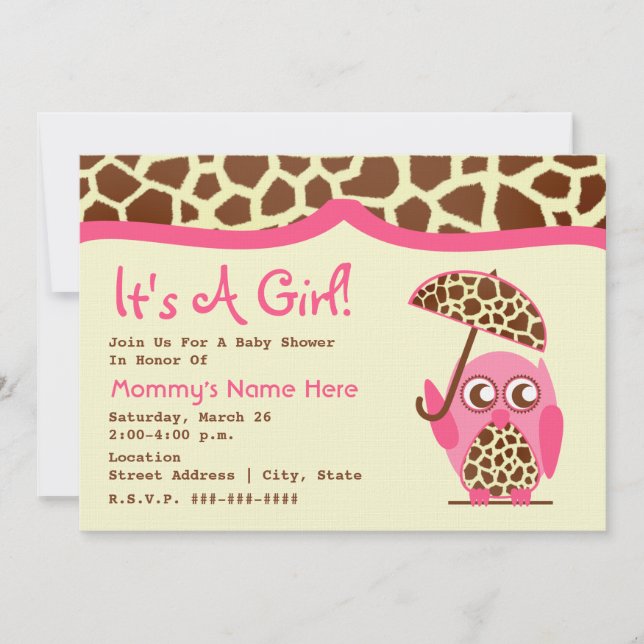 Babydusche - Giraffe Print & Pink Owl & Umbrella Einladung (Vorderseite)