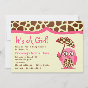 Babydusche - Giraffe Print & Pink Owl & Umbrella Einladung