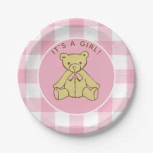 Babydusche Girl Bear mit Pink Buffalo Karo Pappteller
