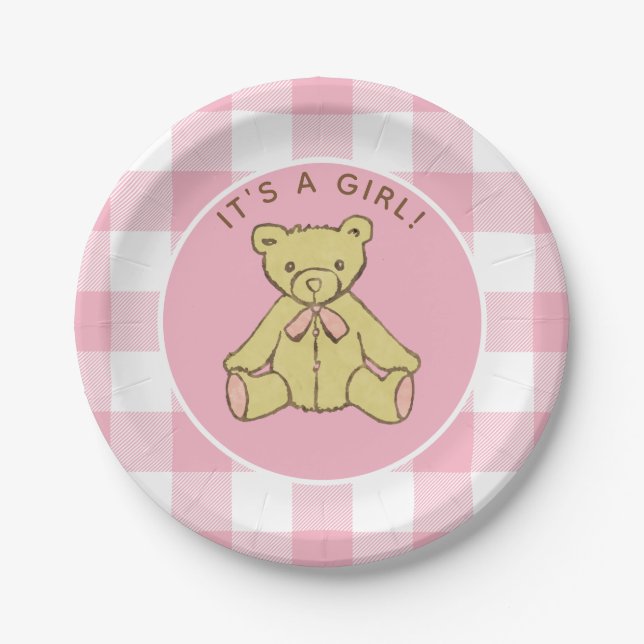 Babydusche Girl Bear mit Pink Buffalo Karo Pappteller (Vorderseite)