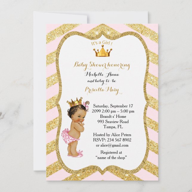 Babydusche GIRL,golden Zickzack,white & gold v2 Einladung (Vorderseite)