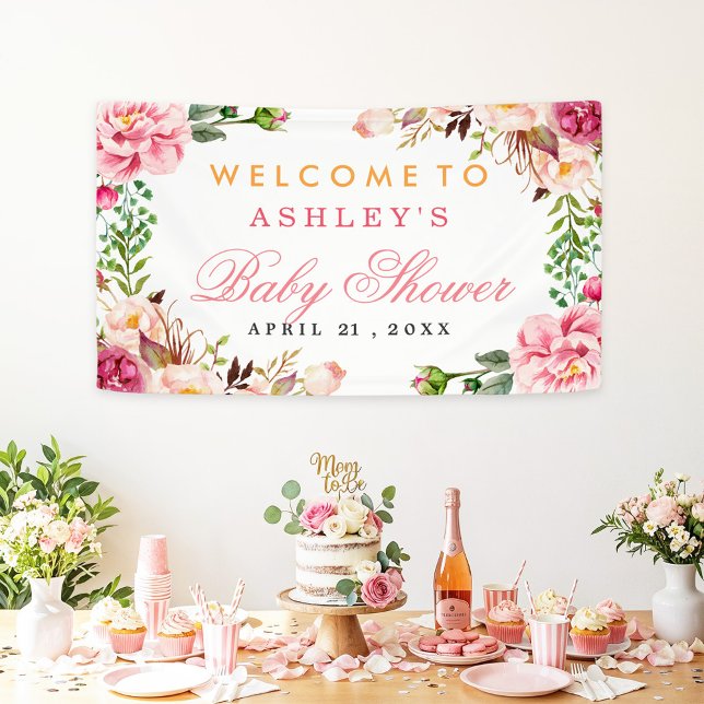 Babydusche Girly Elegante Chic Pink Floral Banner (Von Creator hochgeladen)