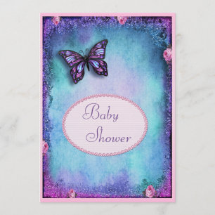 Babydusche, Glitzer, Schmetterling, Rose, Spitzen Einladung