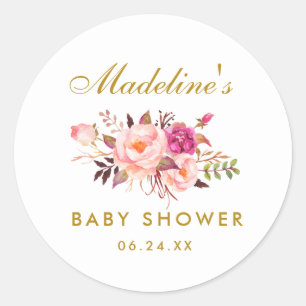 Babydusche Gold Aquarellfarbe Rosa Blüte Runder Aufkleber