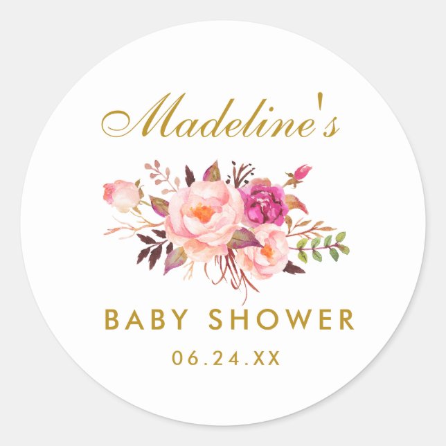 Babydusche Gold Aquarellfarbe Rosa Blüte Runder Aufkleber (Vorderseite)