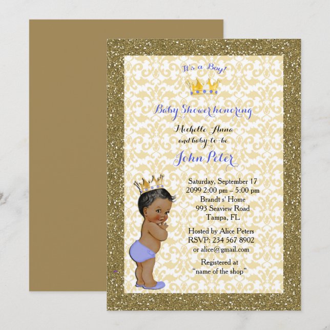 Babydusche, goldener Rahmen, weiß & gold. Einladung (Vorne/Hinten)
