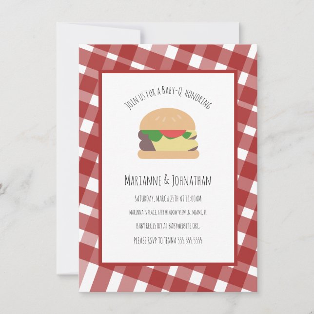 Babydusche GRILLEN Backyard Hamburger Kariert Red Einladung (Vorderseite)