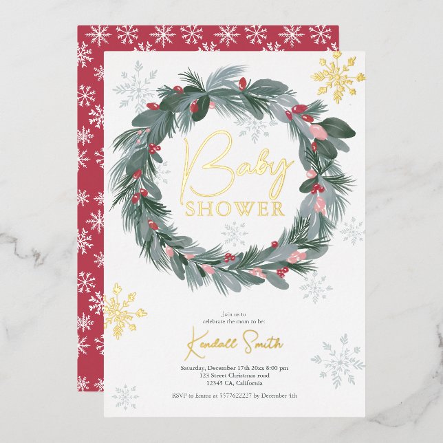 Babydusche grün blau rot blumenrot Weihnachtskranz Folieneinladung (Vorderseite/Rückseite)