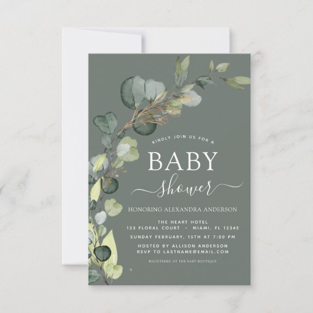 Babydusche Grüne Eucalyptus Sukkulent Elegant Einladung (Vorderseite)