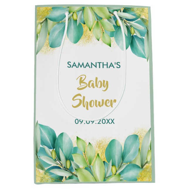 Babydusche Grüne Eukalyptus Blätter Olive Mittlere Geschenktüte (Vorderseite)