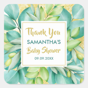 Babydusche Grüne Eukalyptus Blätter Olive Quadratischer Aufkleber
