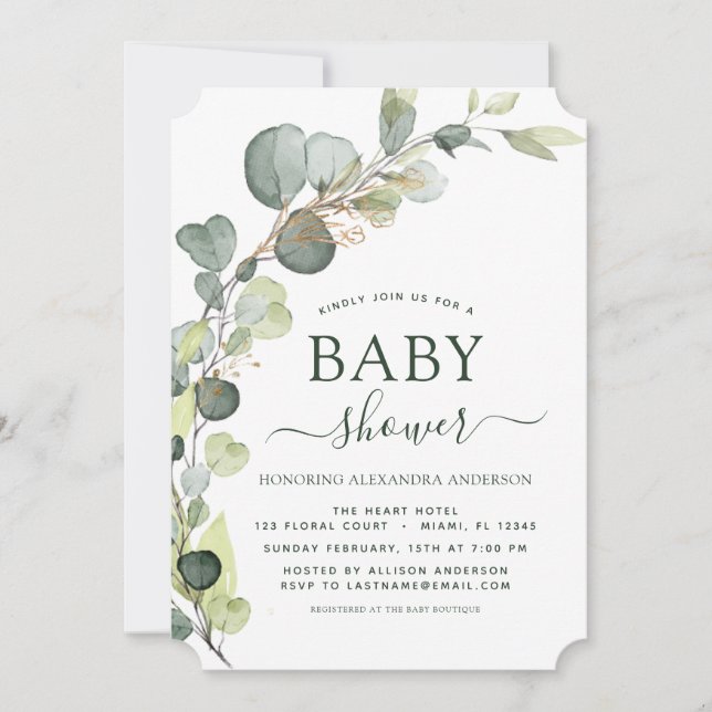 Babydusche Grüne Eukalyptus Botanisches Elegant Einladung (Vorderseite)
