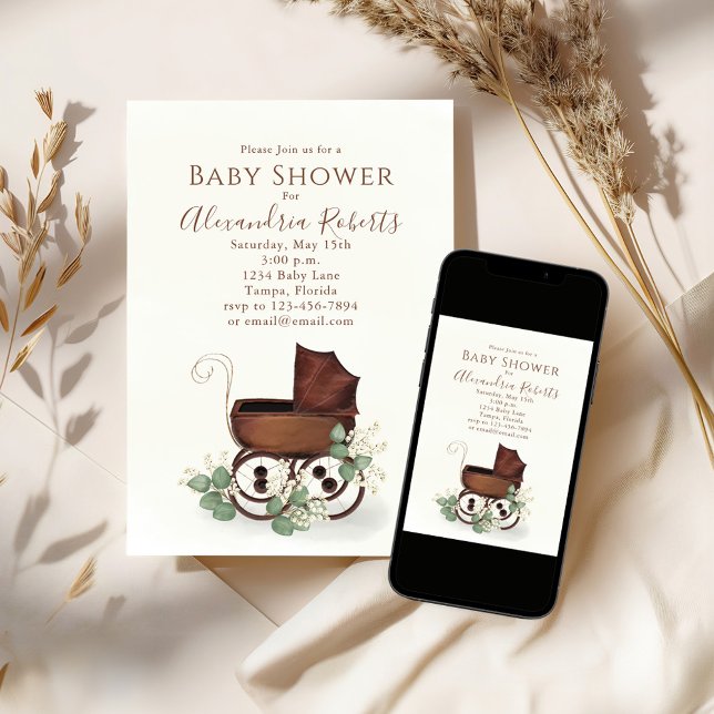 Babydusche Grüne Wasserfarbe Moderne Eukalyptus Einladung (Baby shower vintage style invitation, )