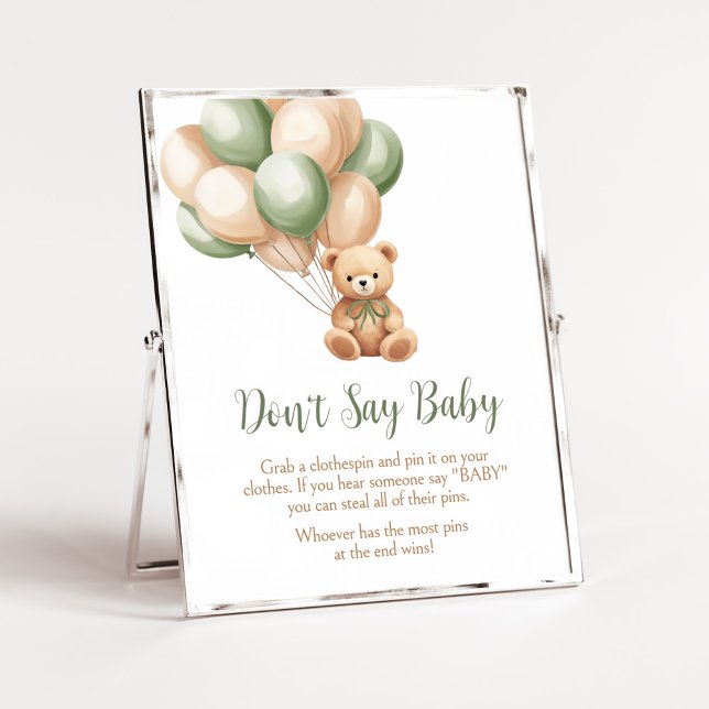 Babydusche "Grünen Bär" nicht sagen Poster (Green Boho Bear Baby Shower Don't Say Baby Sign)