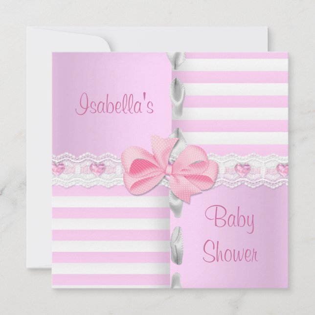Babydusche Hübsch Satin Pink Weißer Streifen Bow Einladung (Vorderseite)