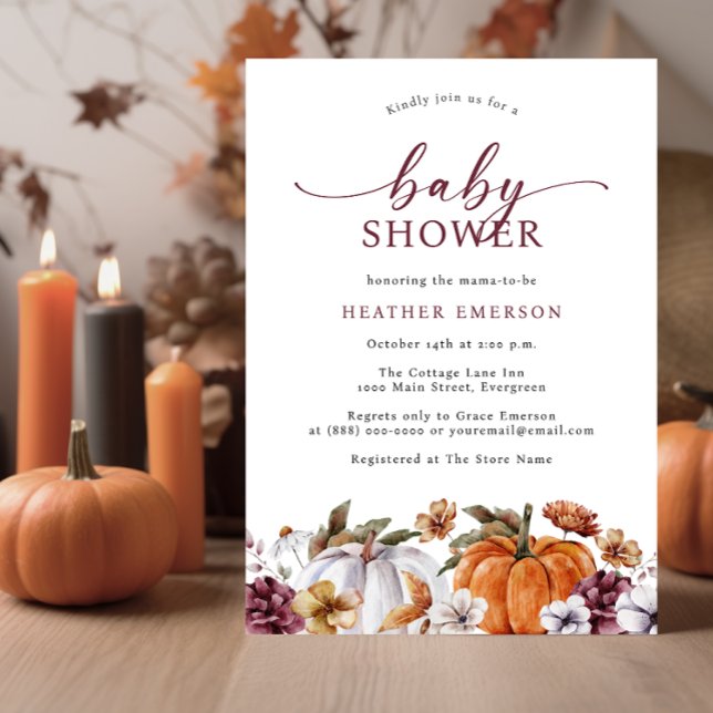 Babydusche im Herbst Einladung (Fall Burnt Orange Baby Shower Invitation Autumn White Pumpkins Watercolor Burgundy Florals)