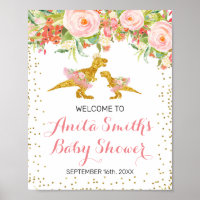 Babydusche in Rosa und Gold Dino - Begrüßungszeich