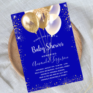 Babydusche königsblaue Goldballons Glitzern Einladung
