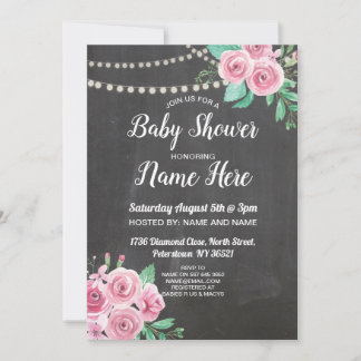 Babydusche lädt Blume Chalk Floral Pink Roses ein Einladung