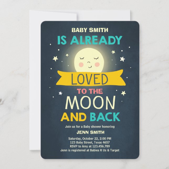 Babydusche Liebe Sie auf den Mond und die Rückenst Einladung (Vorderseite)