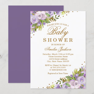 Babydusche Lila Floral Watercolor Gold Einladung