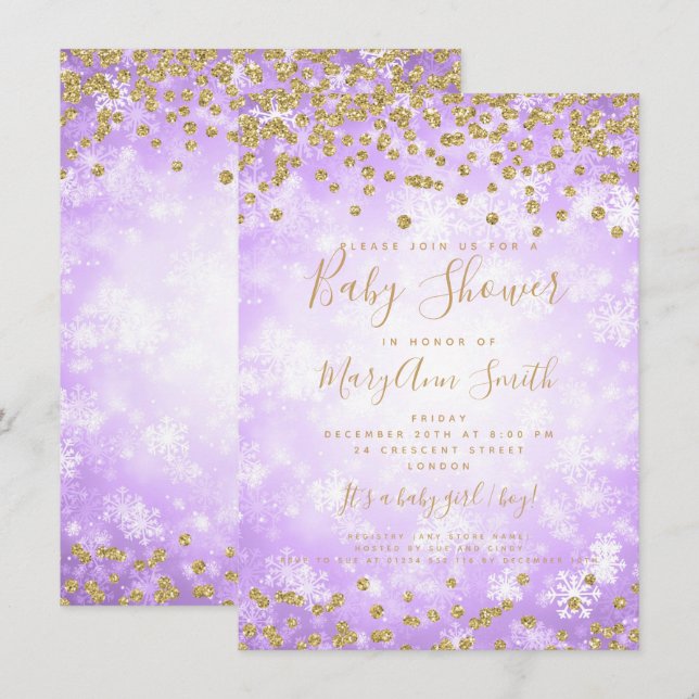 Babydusche Lila Gold Glitzer Winter Wonderland Einladung (Vorne/Hinten)