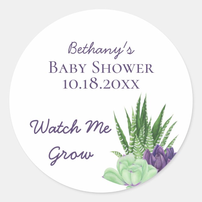 Babydusche Lila grüne Sukkulente Runder Aufkleber (Vorderseite)