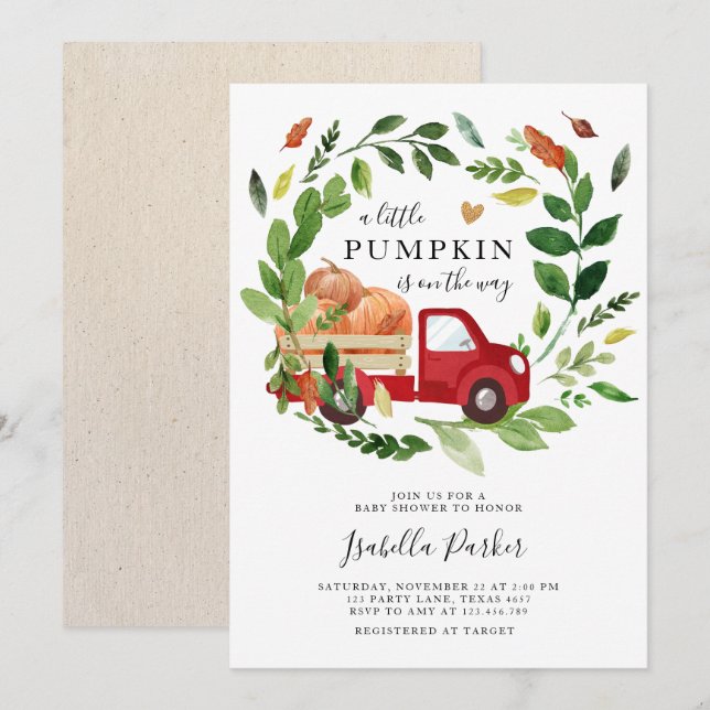 Babydusche Little Pumpkin Truck Fall Greenery Einladung (Vorne/Hinten)